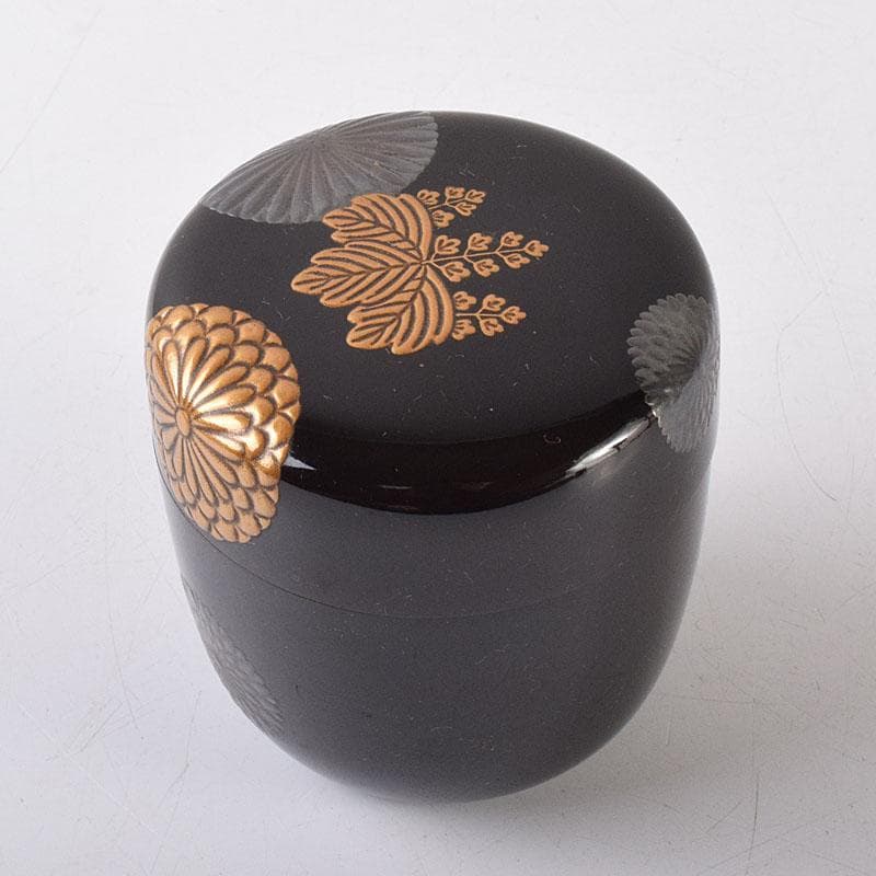 茶道具　黒漆　菊桐蒔絵　棗　仕覆付　時代箱　C　R8623
