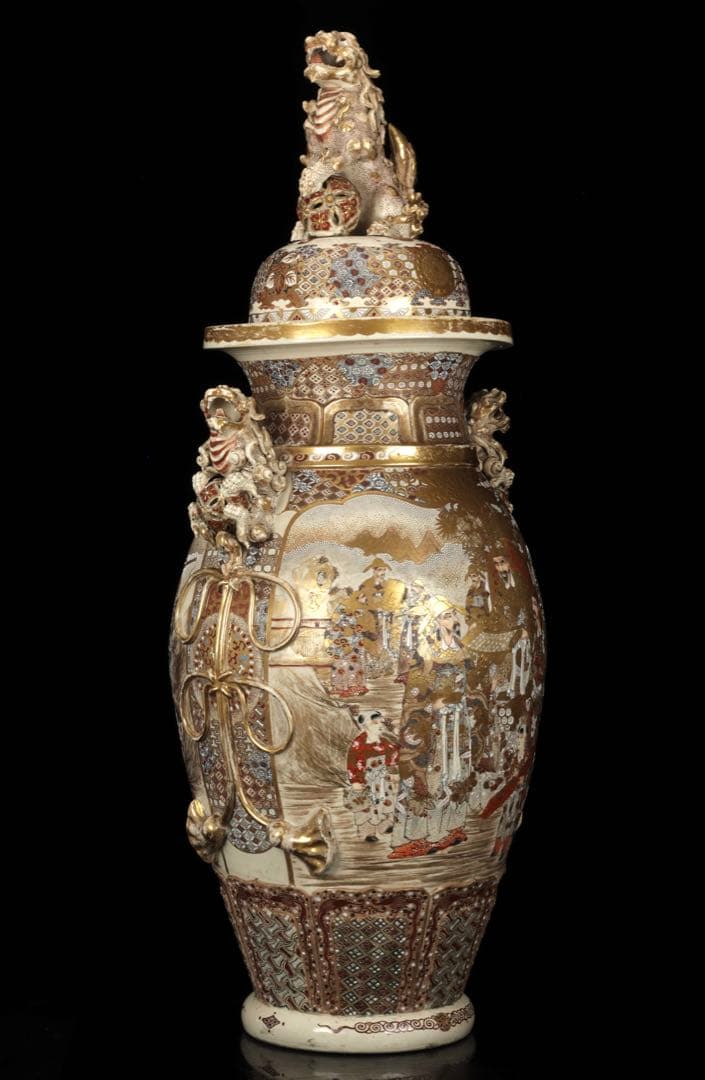 【極上薩摩焼】特大金襴手色絵賢人図獅子摘蓋獅 香炉 飾壺 時代骨董 古美術アート
