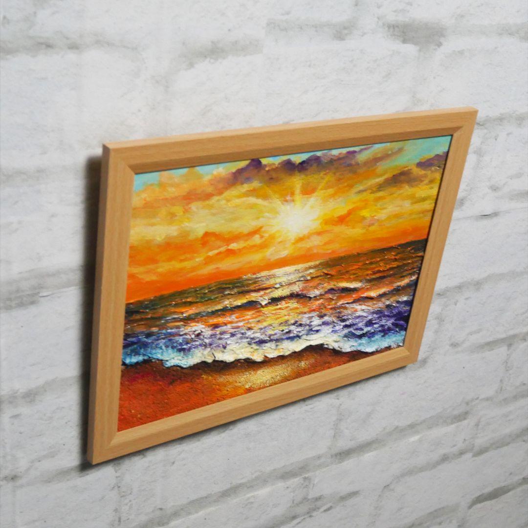 油絵 油彩 油彩画 絵 絵画【夕日に染まる海】A4