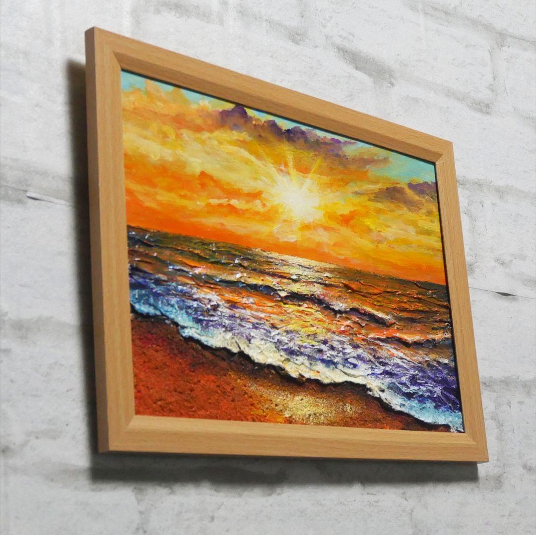 油絵 油彩 油彩画 絵 絵画【夕日に染まる海】A4
