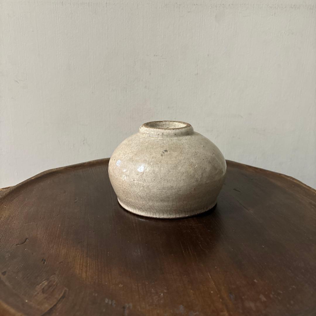 古い丸壷　白釉　塩笥壺　韓国骨董.アンティーク.古民芸.検:立原正秋.白磁.李朝