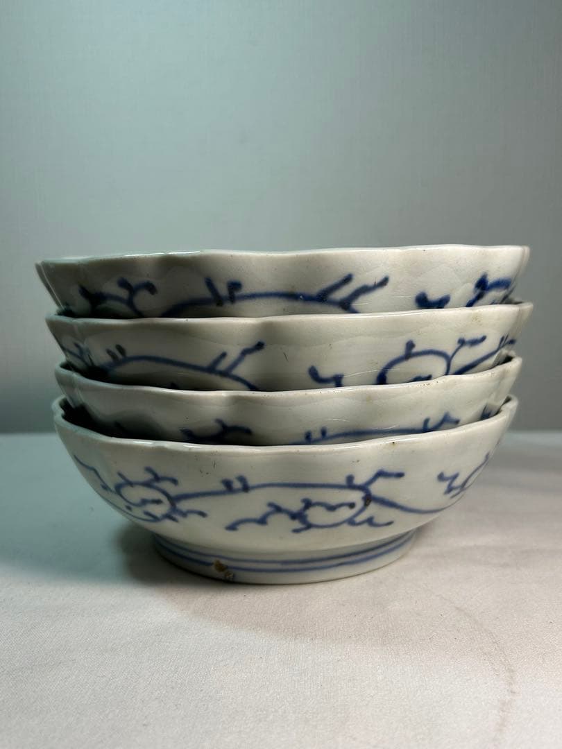 古伊万里染付　たこ唐草 膾皿　4枚 無傷 江戸時代後期(成化年製)