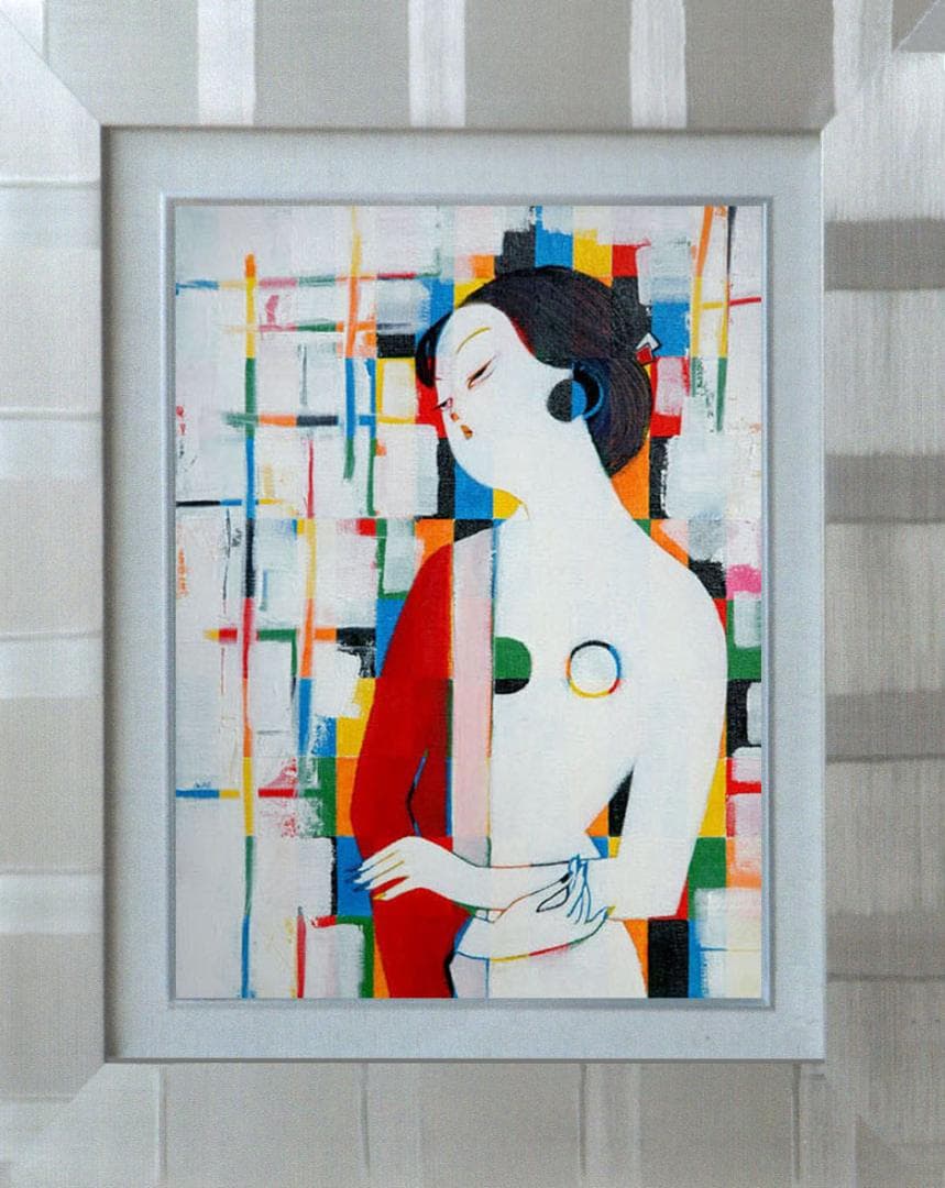油絵 菅家令子 絵 絵画インテリア額付(青緑＋金色の枠)uF6-010911女性