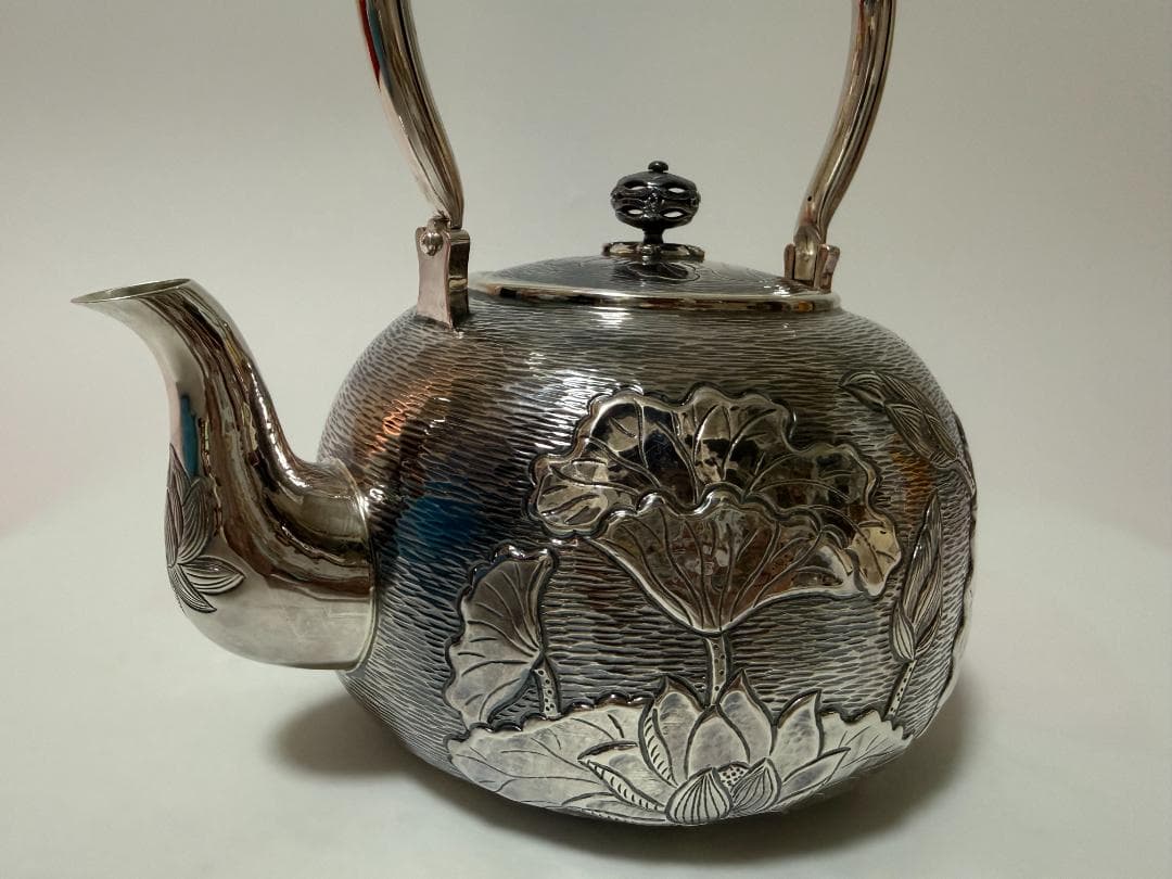 極上純銀製 蓮文様 高工芸 湯沸 銀瓶 煎茶道具 重量1389g
