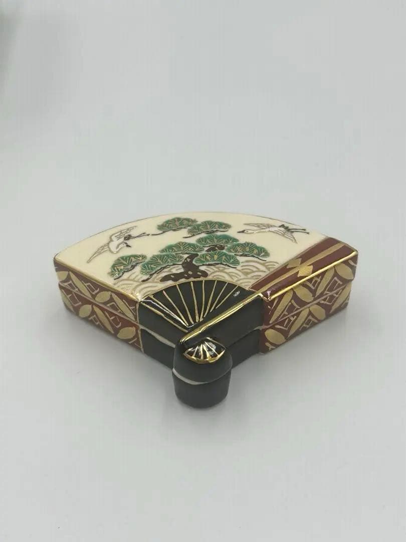 橋本城岳　色絵末広　扇面　香合　茶道具　鶴　松