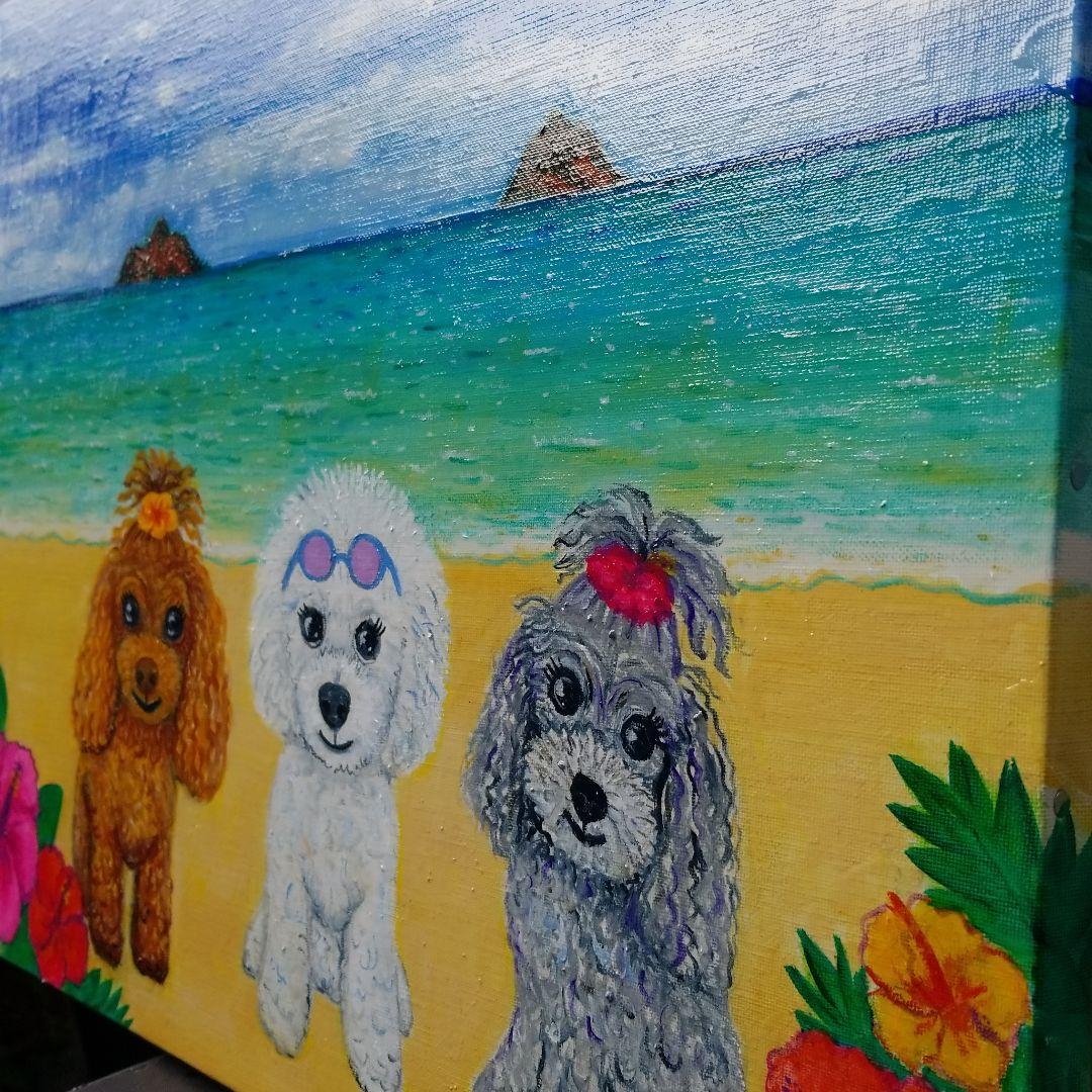 油絵　マミ ラニカイビーチを楽しむキュートな犬たち　大きいキャンバス