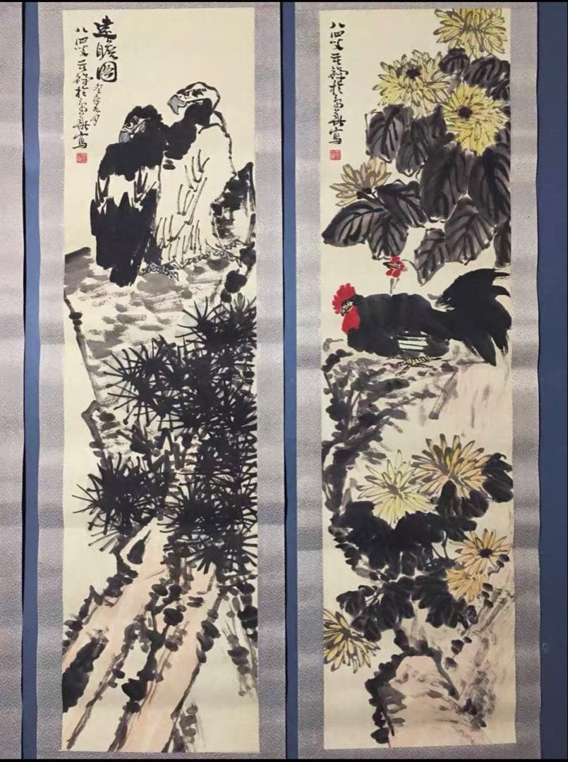 【四条屏掛軸】李苦禅 花鳥画セット　宣紙／鑑賞用作品　和室・客間装飾に最適