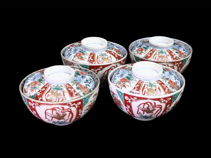 古伊万里　色絵　桐に鳳凰　丸紋に菊の図　蓋茶碗　４客　D200AS-fbut