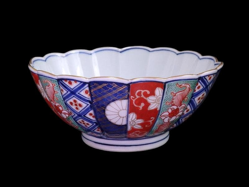 大聖寺伊万里　金襴手　寿紋に輪花楕円変形皿　大振向付　E704AS-CZk