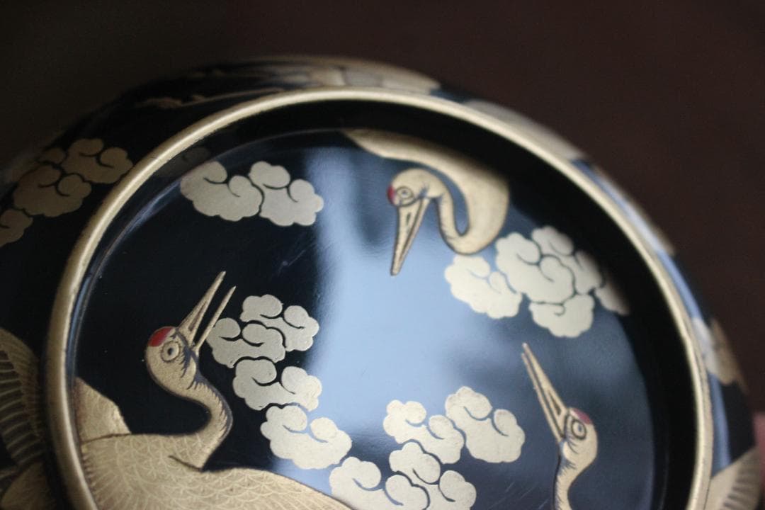 高台縁傷のみ！時代金縁黒漆に極上雲鶴蒔絵の映える煮物椀2点（検京塗輪島塗雑煮椀