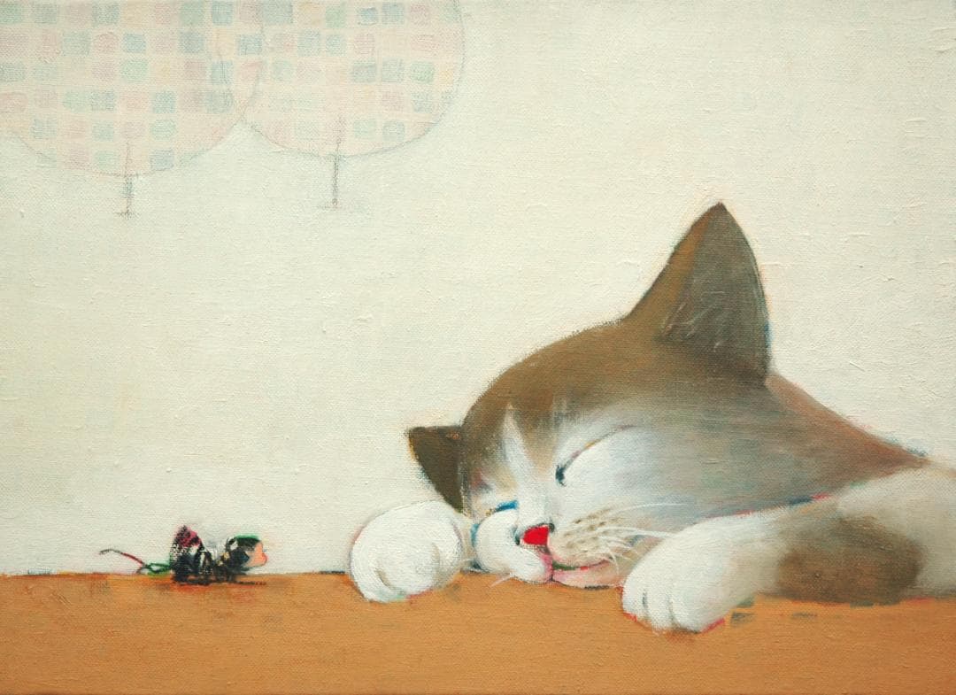 油絵 菅家令子 絵 絵画 インテリア額付(銀) F4-072019 猫と女の子蟻