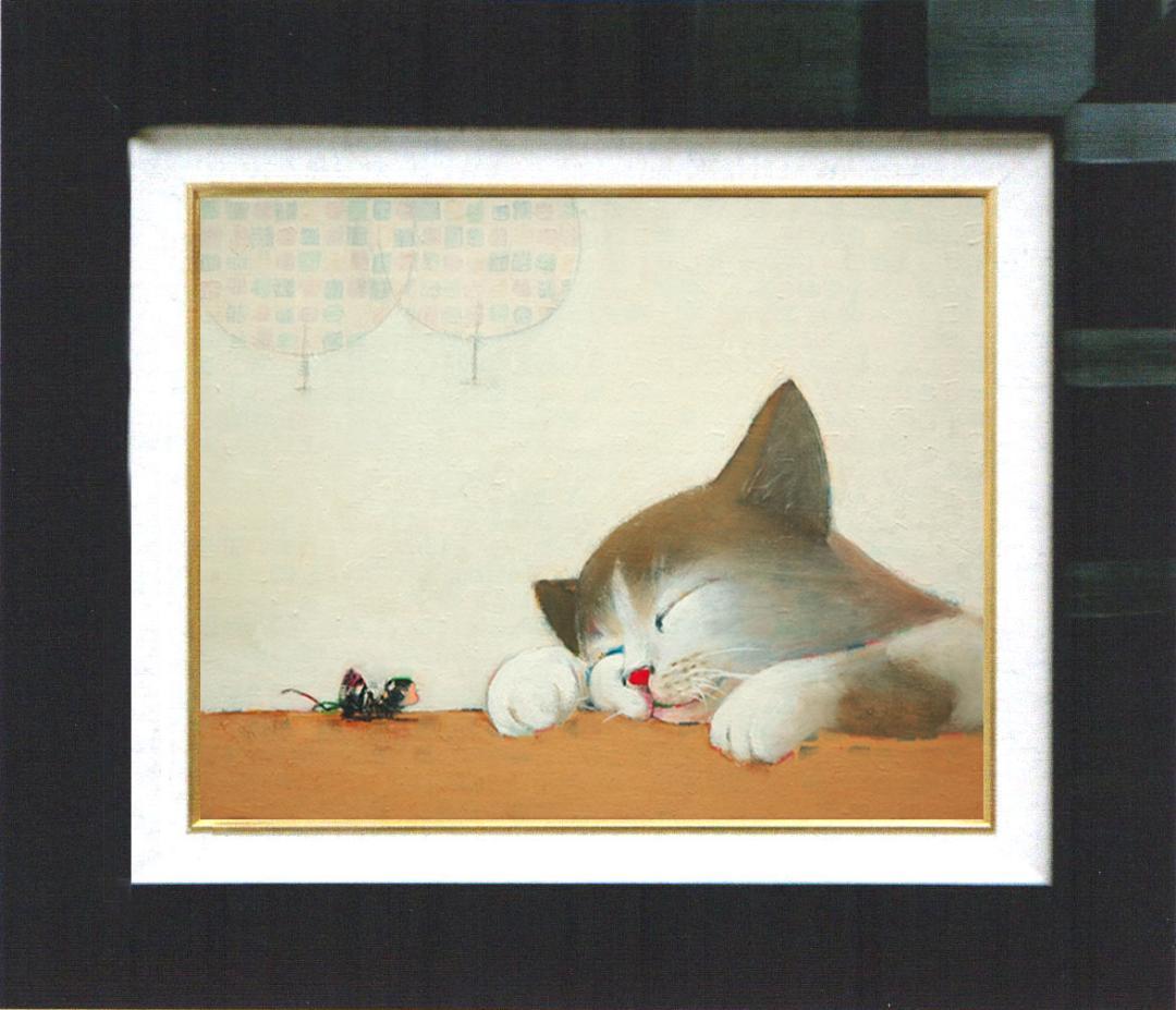 油絵 菅家令子 絵 絵画 インテリア額付(銀) F4-072019 猫と女の子蟻
