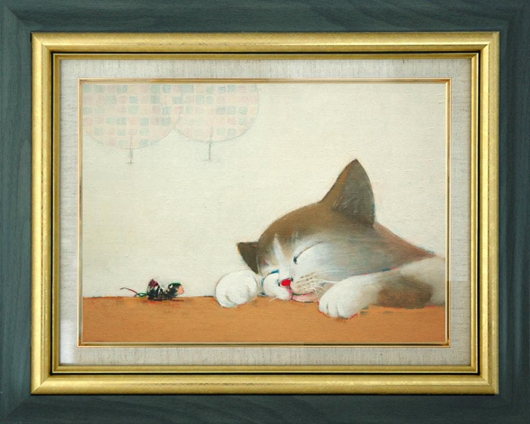 油絵 菅家令子 絵 絵画 インテリア額付(銀) F4-072019 猫と女の子蟻