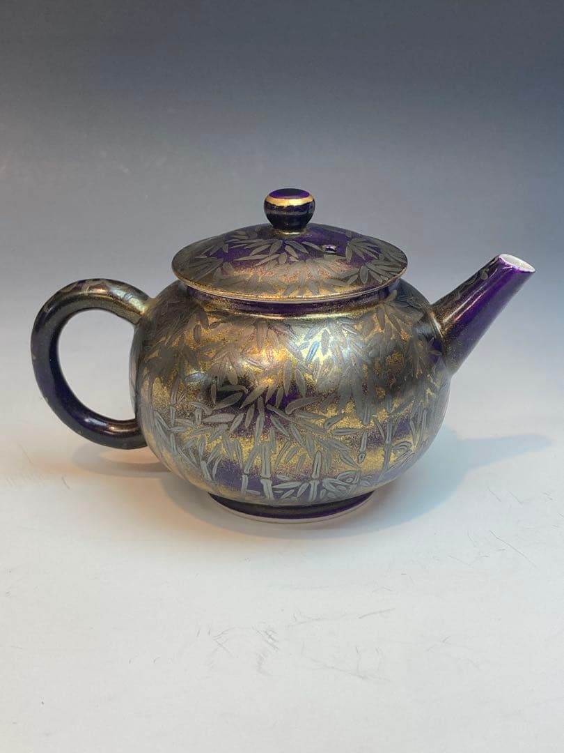 黄檗清鳳 作 紫地銀彩竹林茶注 急須 共箱 煎茶道具 茶道具