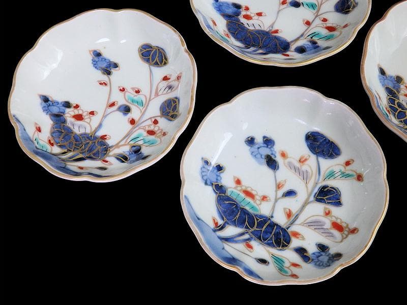 古伊万里 　染錦　河骨紋の図　手塩皿　3寸半皿　４枚 　D417AS-fbuw
