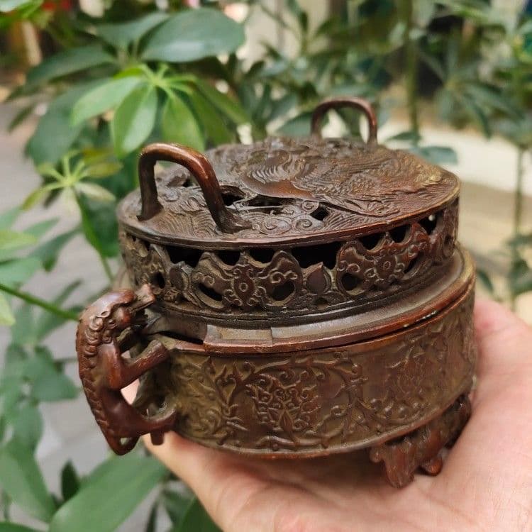 銅器 重工 彫刻 竜鳳薫香炉 美品 茶道具 香道具 工芸品美術品 置物
