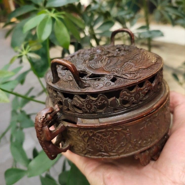銅器 重工 彫刻 竜鳳薫香炉 美品 茶道具 香道具 工芸品美術品 置物