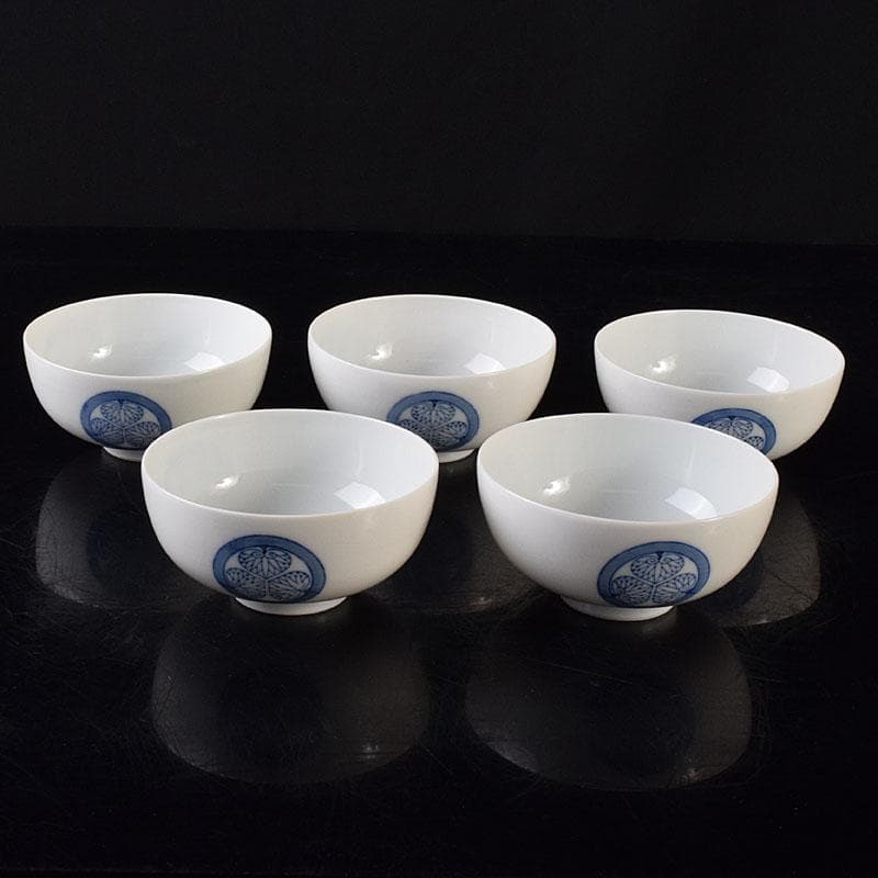 瀬戸焼　古陶園　竹鳳窯　伊藤伊平作 染付　葵紋　汲出茶碗　五客　共箱　C7352