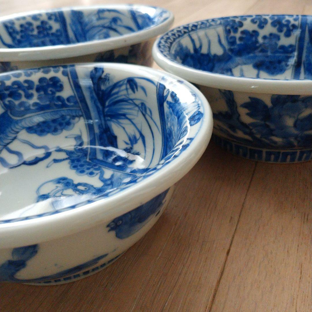 骨董　染付　龍　富士山　三つ組　入れ子鉢