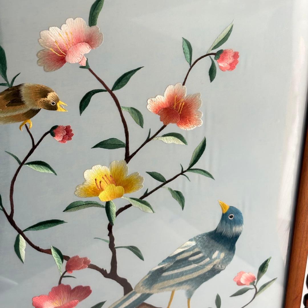 中国美術 中国刺繍 硯屏 両面刺繍 花鳥図