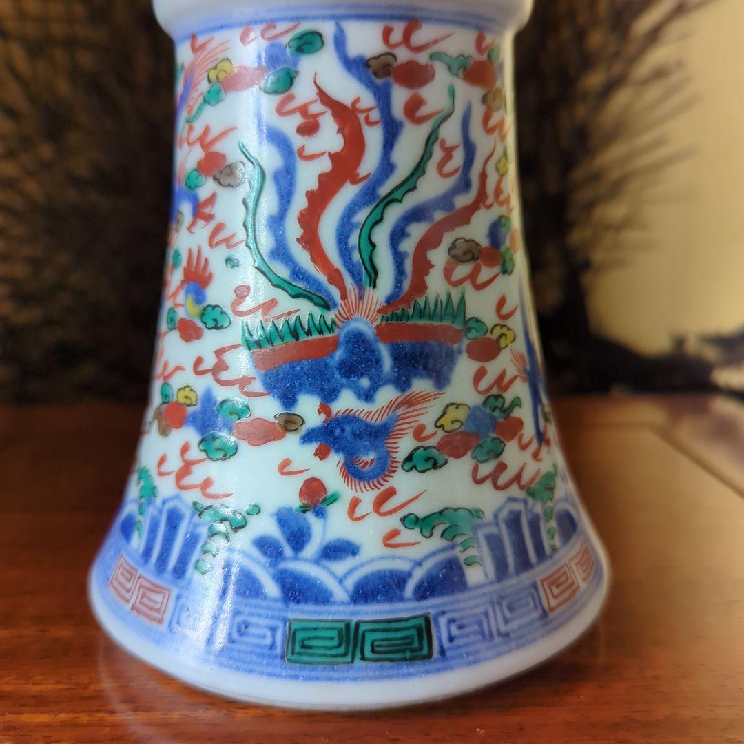 中国古美術　古玩　華道具　大明萬暦年製花器　花瓶　飾り壷　五彩色絵　雲龍鳳凰絵