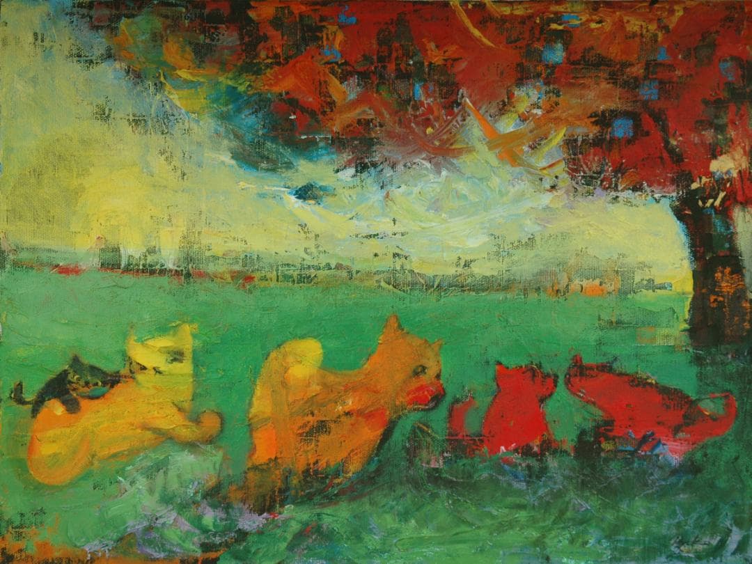 油絵 菅家令子 絵 絵画インテリア額付(青緑＋金色の枠)uF6-071219猫犬