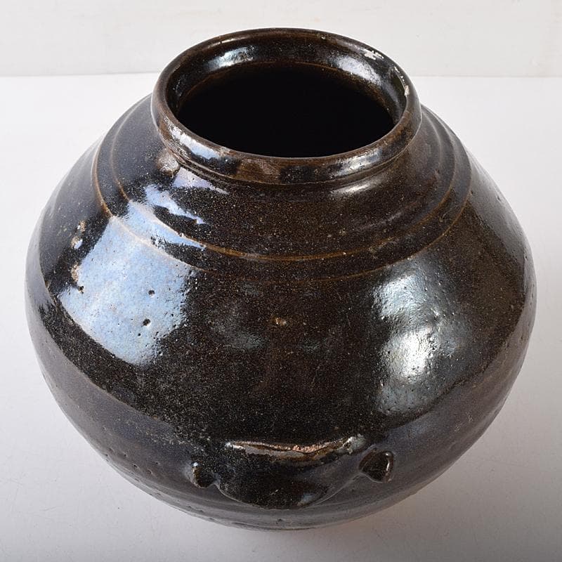 朝鮮美術　李朝　高麗黒釉　双耳壷　時代箱付　V　R8409B
