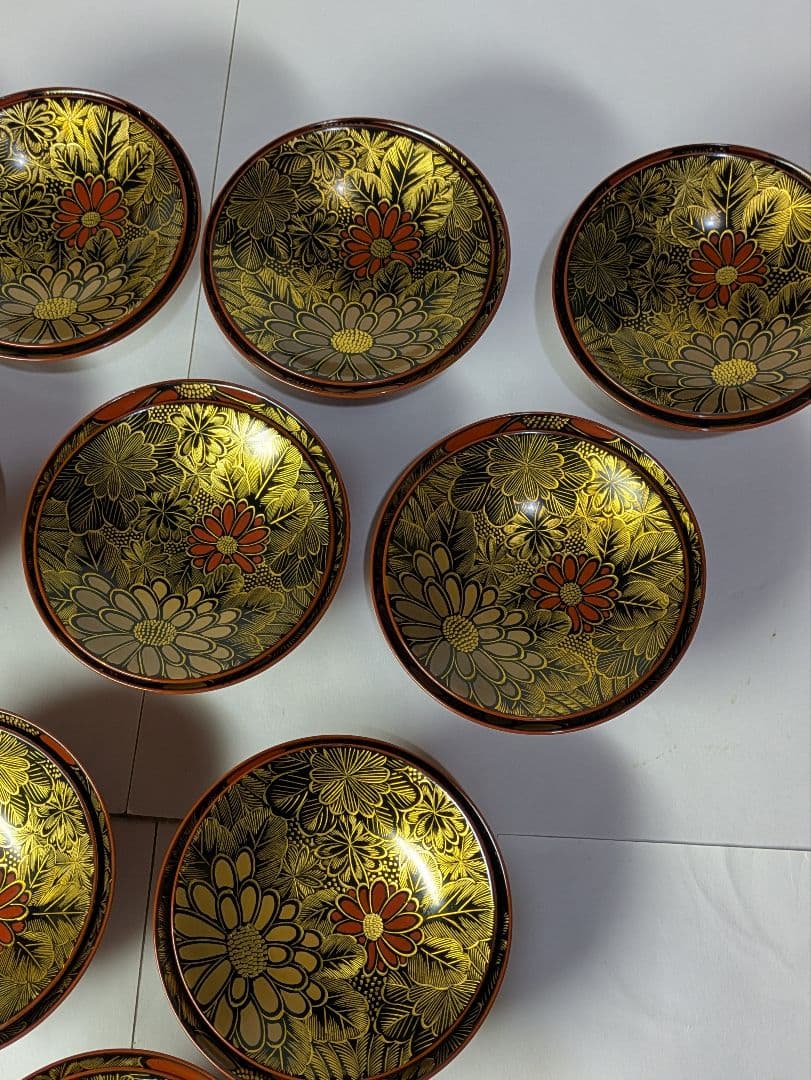 リケさん専用輪島塗、蒔絵金彩細工、沈金菊模様、木製、蓋付椀、吸物椀、10客、箱付
