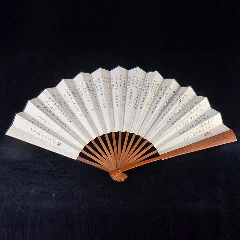 中国　雲溪竹人刻親骨　水墨画　漢詩花図　扇子　M　R8853