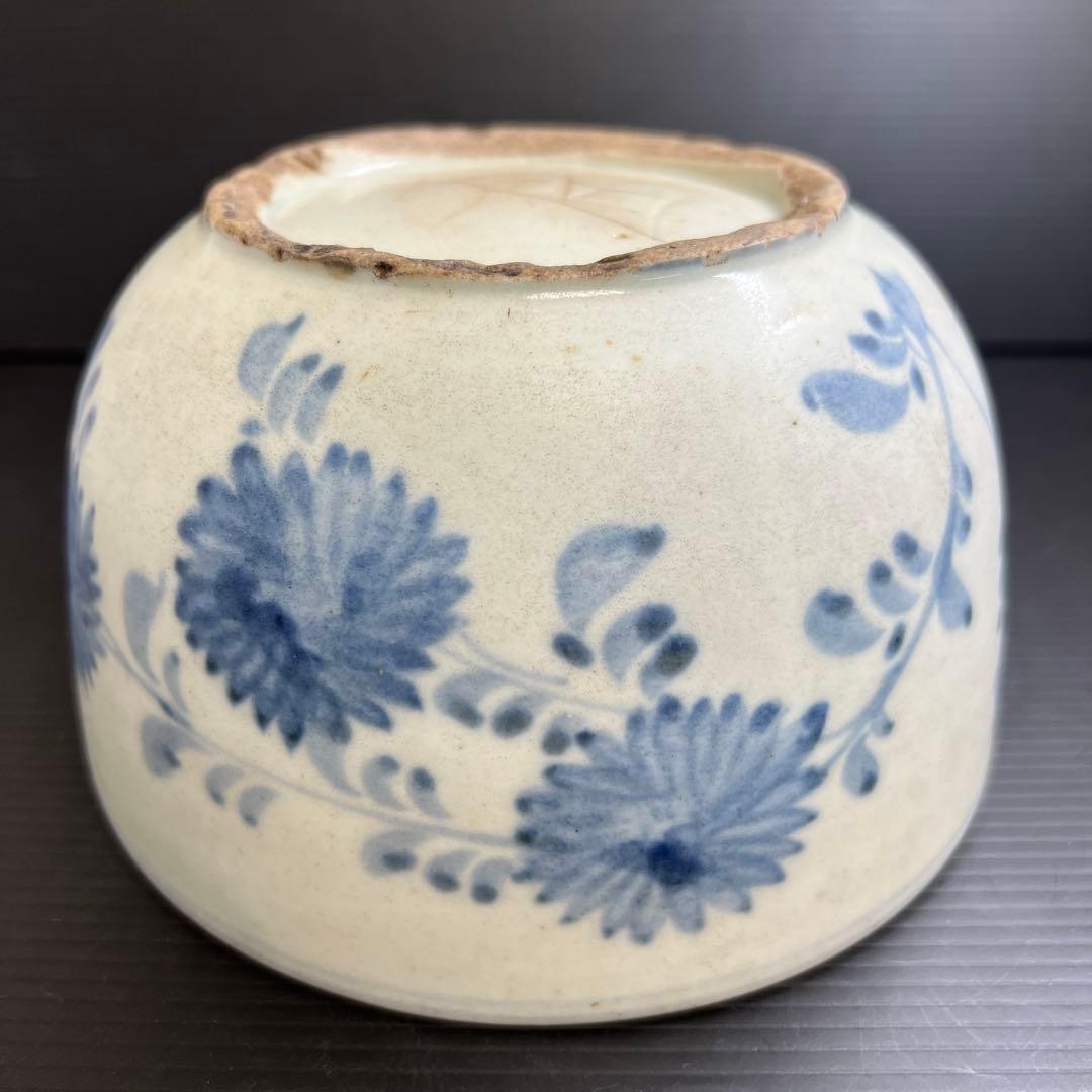 李朝中期　分院　染付コウモリ花文鉢　木箱付　口径15.7㎝　東Y7-1016②