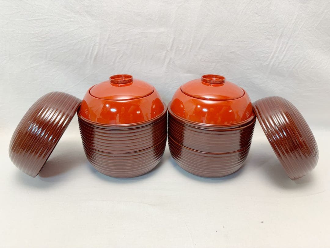 未使用 茶道具 木製溜塗 信玄三段弁当 2客揃 千筋 内朱 紙箱