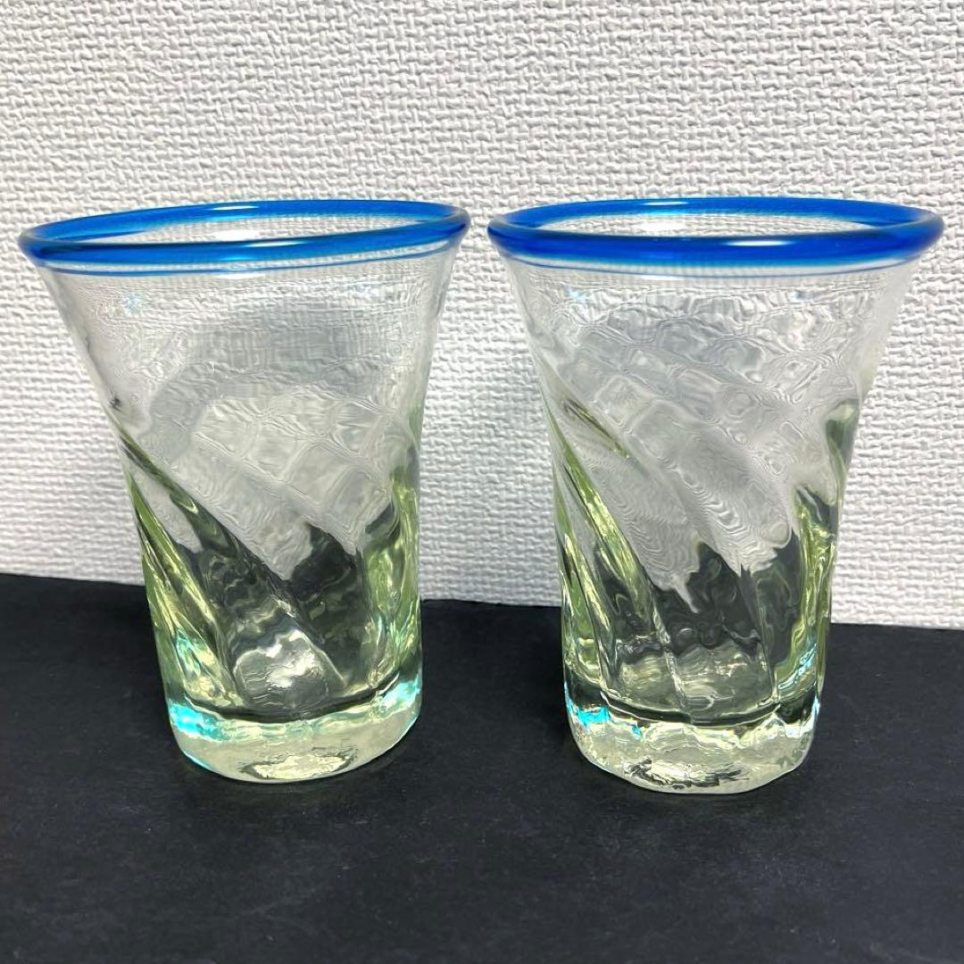 時代ガラス　古作　手吹きガラス　緑と青リム　グラス　４客セット