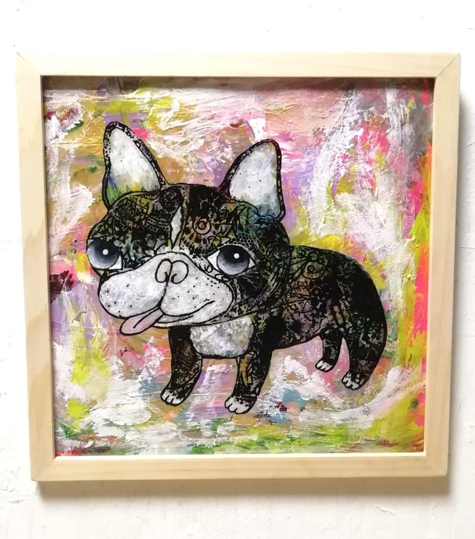 額付き銅版画応用絵画　フレンチブルドック