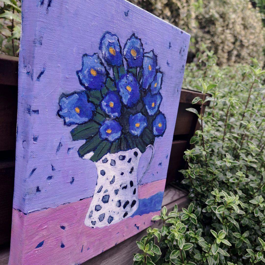 キャンバス油絵　専用　たっぷり入れた花瓶の青いお花