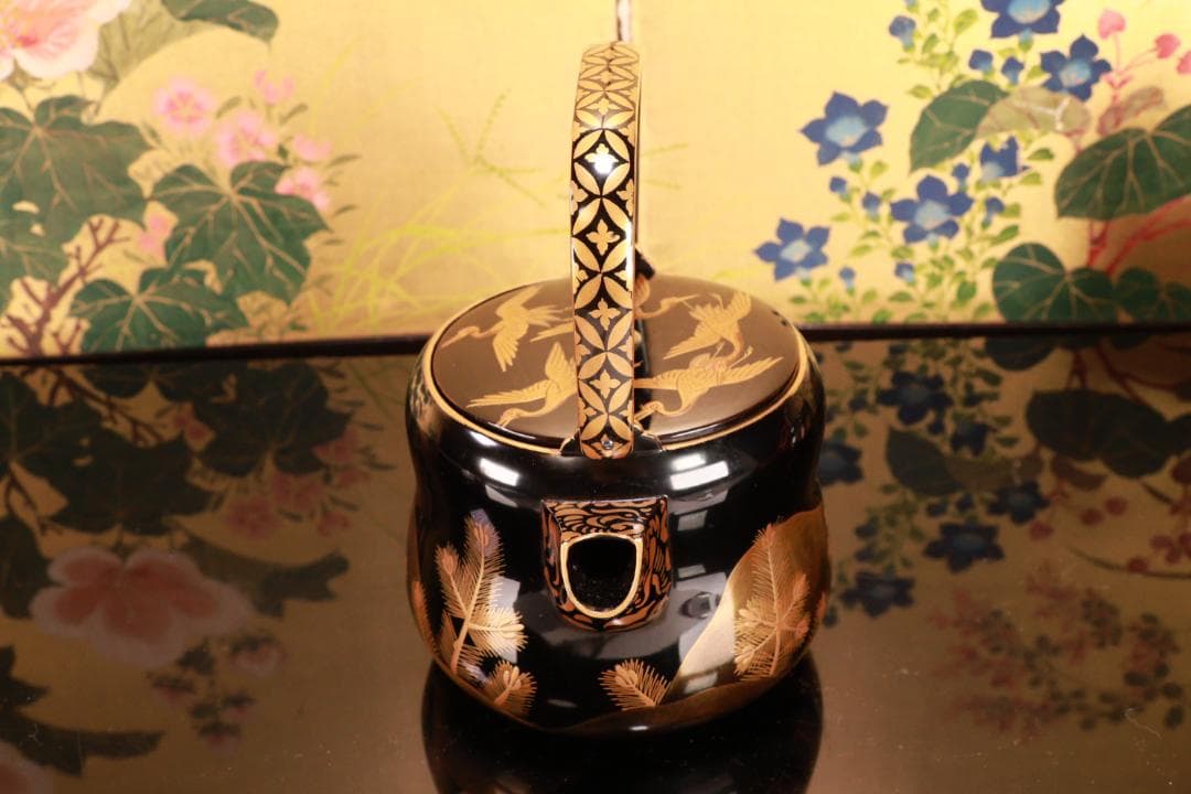 BJ009 高級漆器　時代輪島塗　若松鶴蒔絵　銚子 一対　銀摘　酒道具　懐石道具