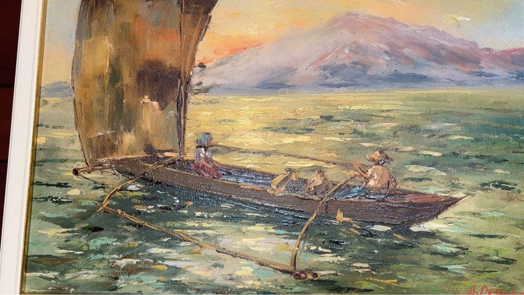 油彩画 漁船と漁師 A. De La Cruz