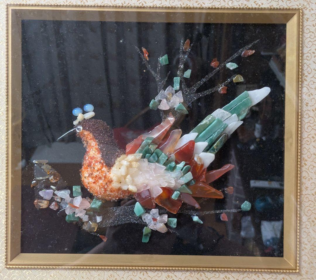 宝石細工 孔雀 アート作品 木製フレーム