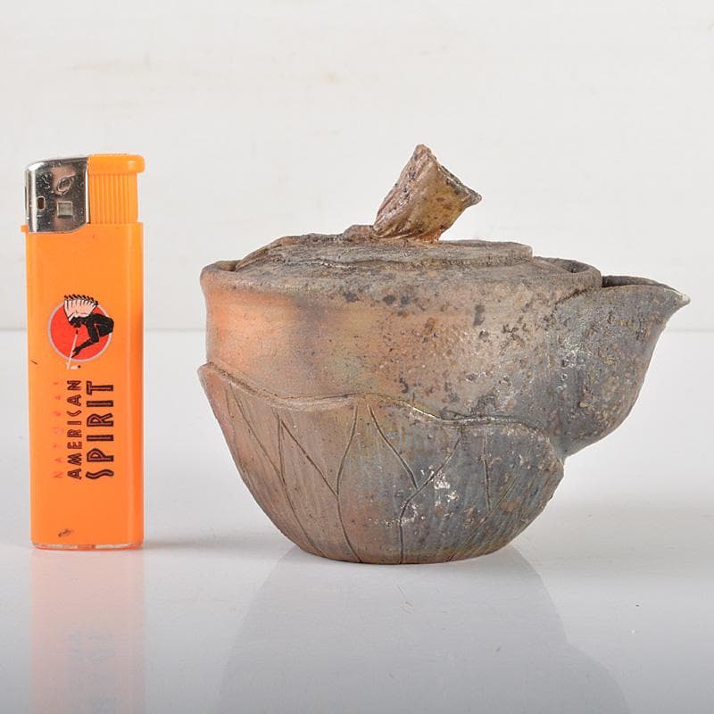 煎茶道具　備前焼　明光窯　蓮根摘蓮葉　宝瓶　急須　共箱　D　R6438
