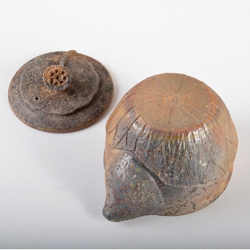 煎茶道具　備前焼　明光窯　蓮根摘蓮葉　宝瓶　急須　共箱　D　R6438