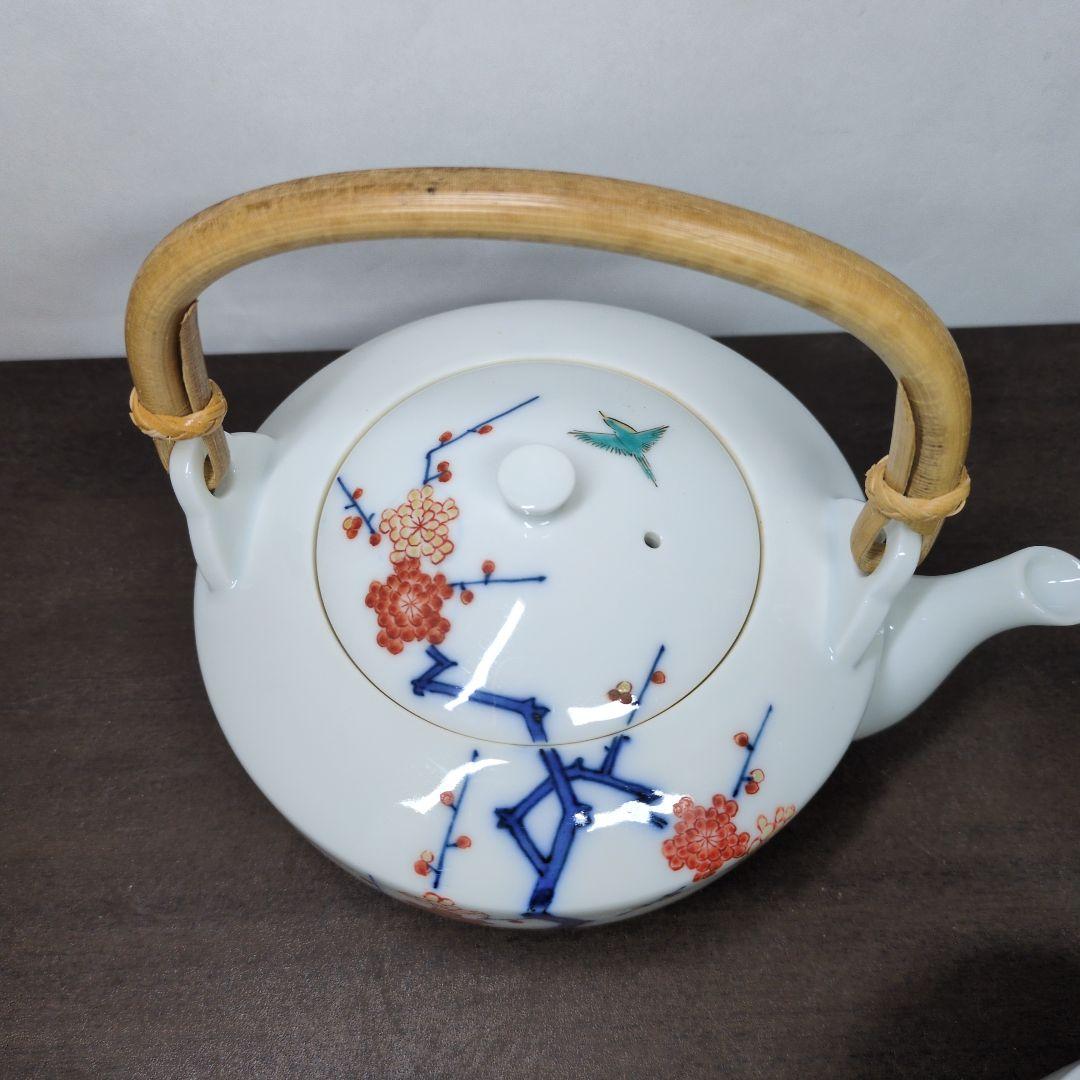 十三代 酒井田柿右衛門 作 染錦 梅文 番茶器(蓋付 湯呑 五客・急須) 共箱
