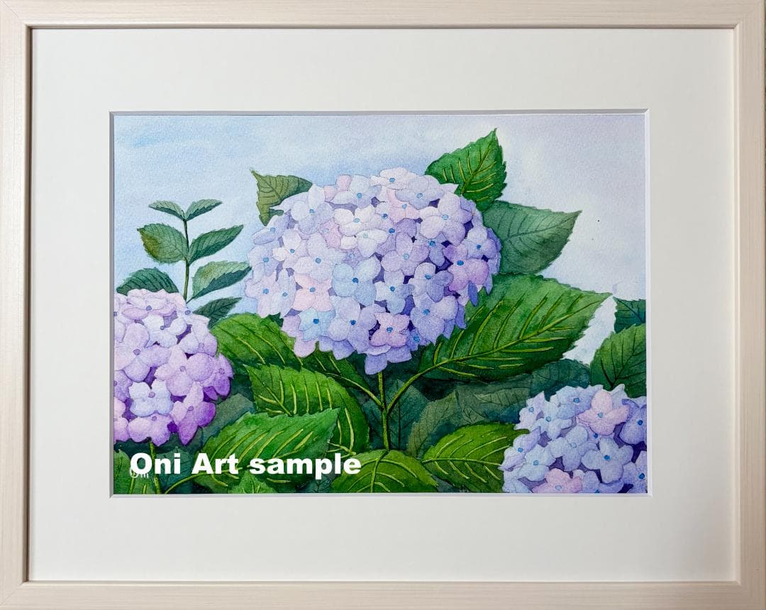 透明水彩画　原画　「薄紫のアジサイ」額縁付　４Fサイズ　風景画