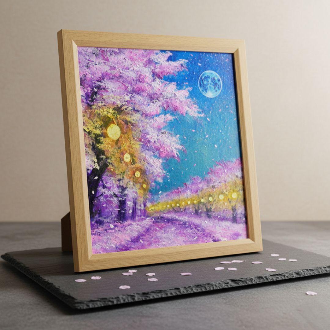 油絵 油彩 油彩画 絵 絵画【夜桜と青い満月】