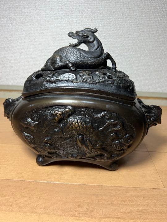742 銅製　麒麟鳳凰文香炉　美品