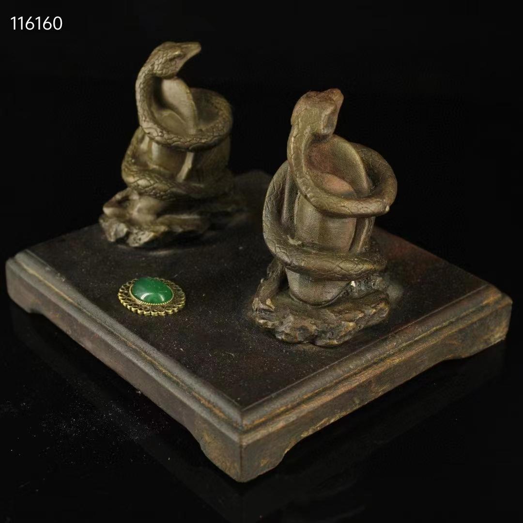 中国古美術・古い純銅・純手作り・宝石をモザイク招財蛇の飾り ・書道品・風水開運