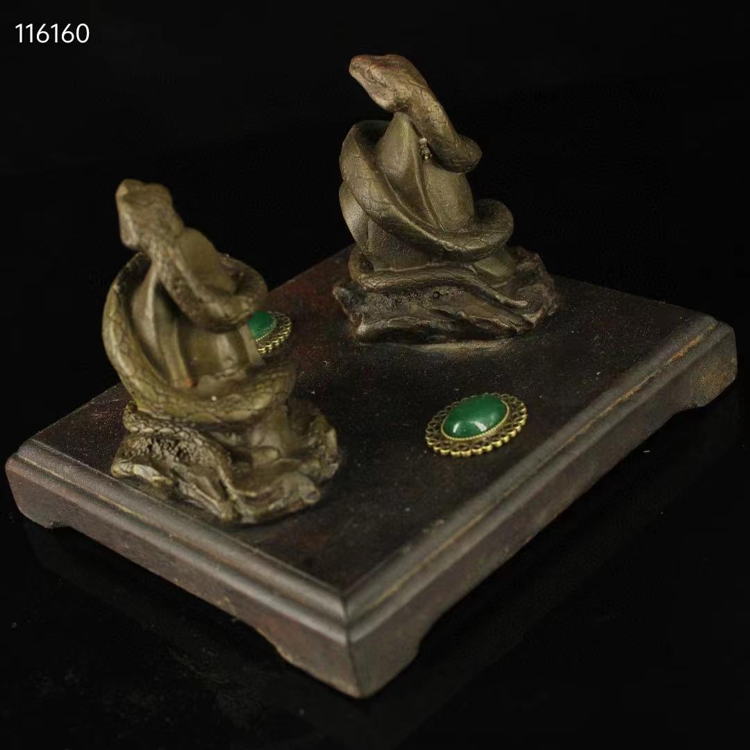中国古美術・古い純銅・純手作り・宝石をモザイク招財蛇の飾り ・書道品・風水開運