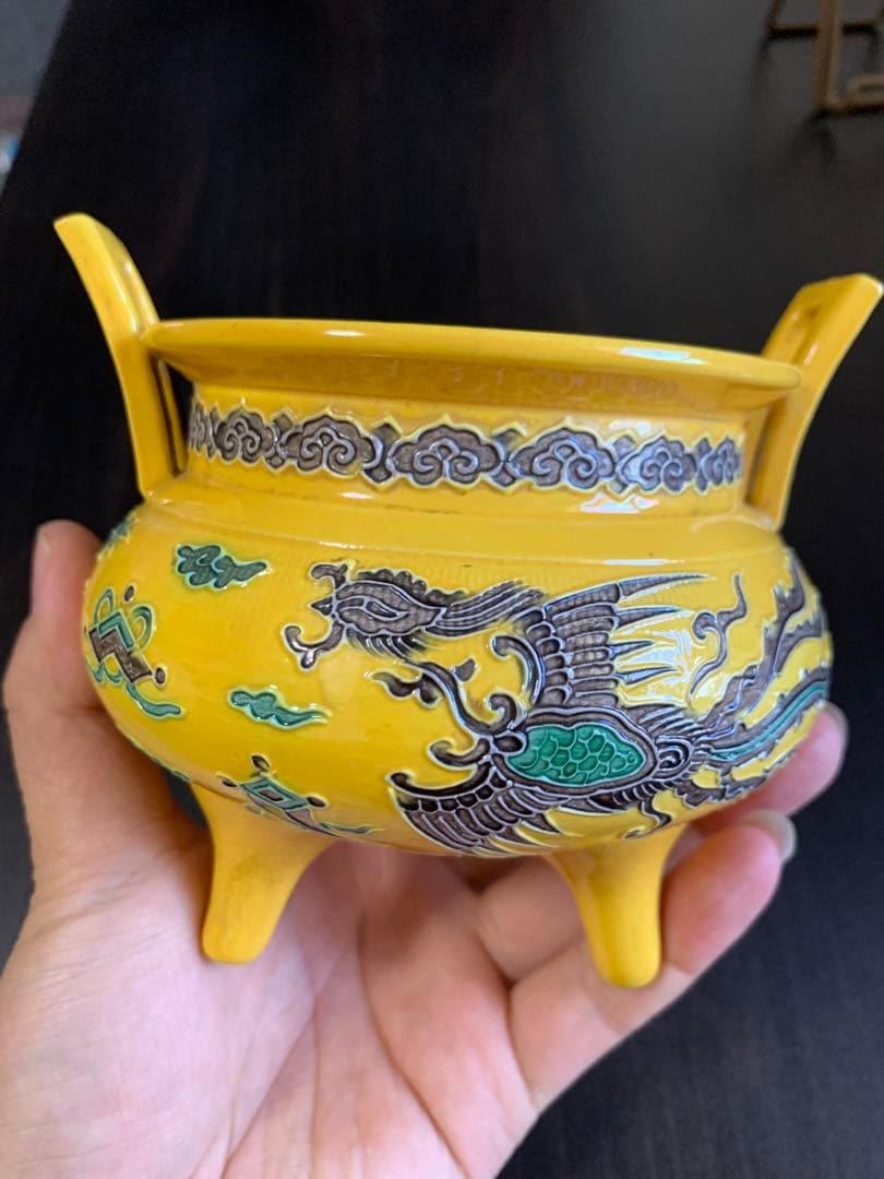 希少 十四代 永楽善五郎〔妙全〕作 紫交趾龍に鳳凰紋香爐 茶道具 旧家蔵出 古玩