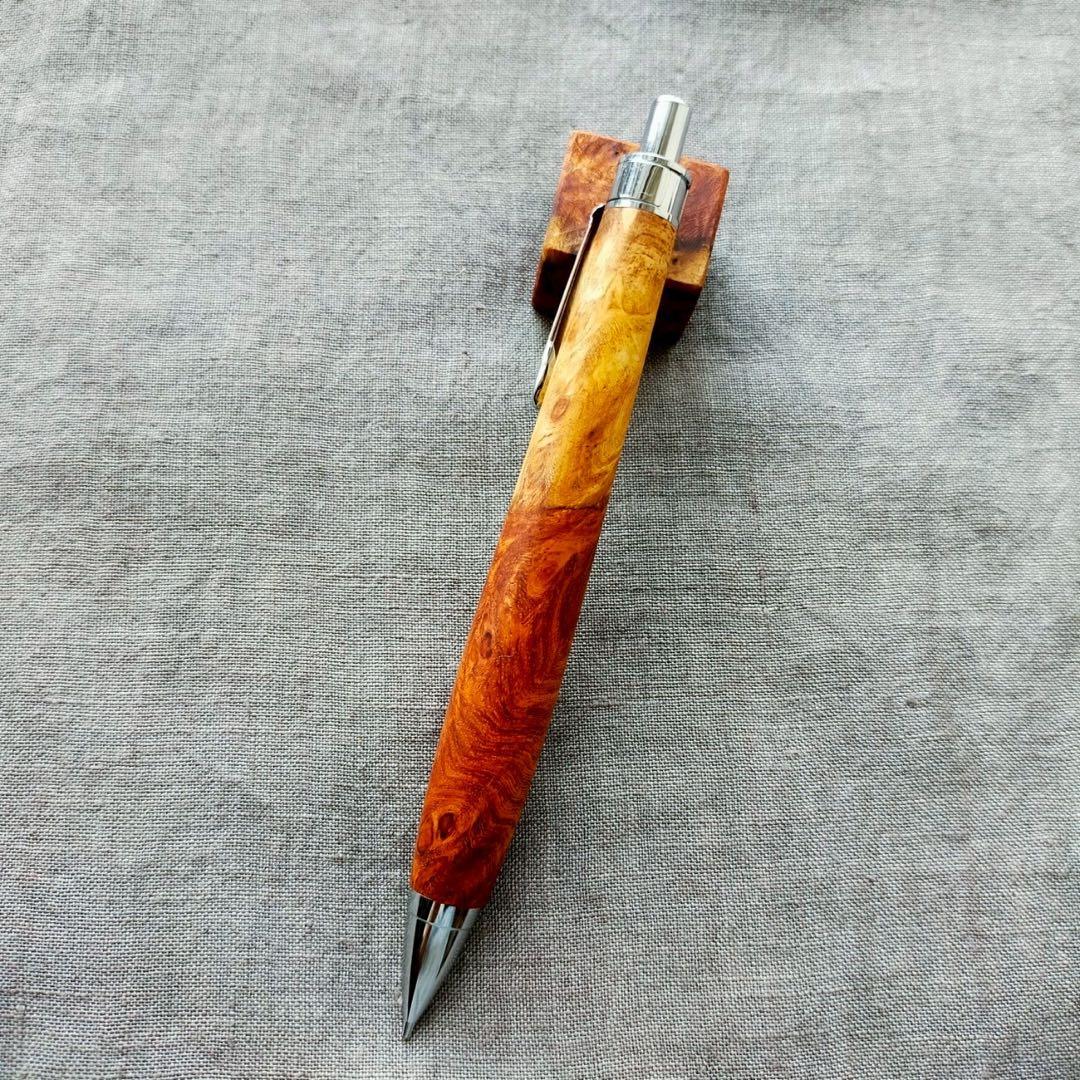 花梨瘤紅白　源平杢　ハンドメイド　木軸シャープペン　0.5mm　天然木　シルバー