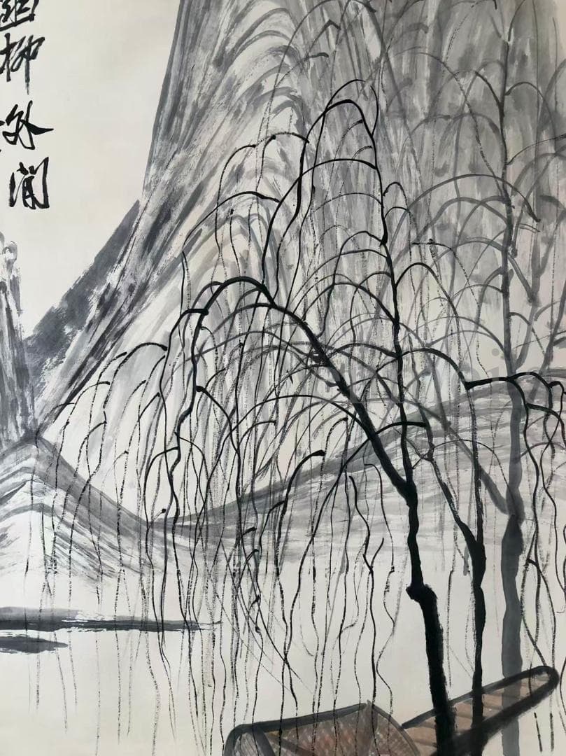 中国古美術・純手描き山水掛軸・水墨画・斉白石印款・書道品・賞物・珍品画・肉筆