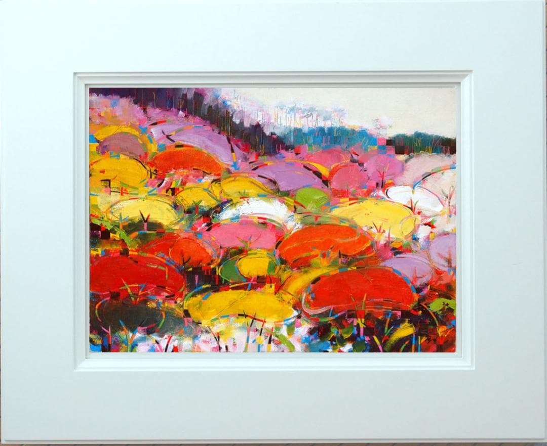 油絵 菅家令子 絵 絵画インテリア額付(青緑＋金色の枠)uF6-081711紅葉