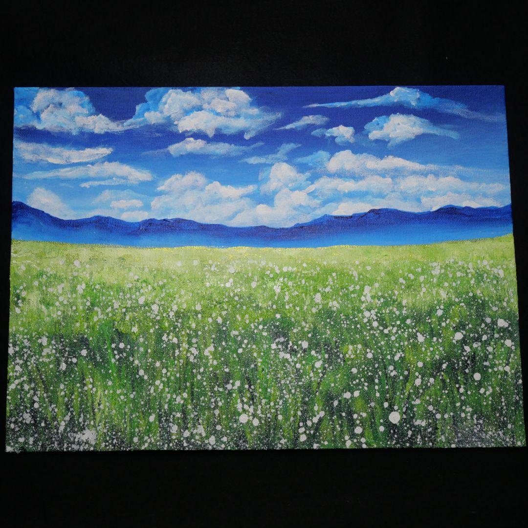 油絵 油彩 油彩画 絵 絵画 【草原に咲く白い花】